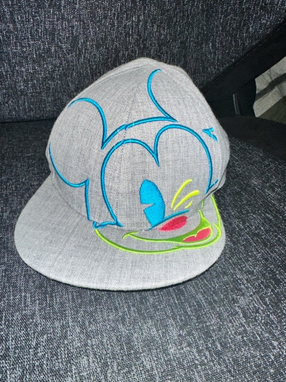 Disney Mickey Mouse Cap Adult Size Gray Neon Snapback Embroidered Hat